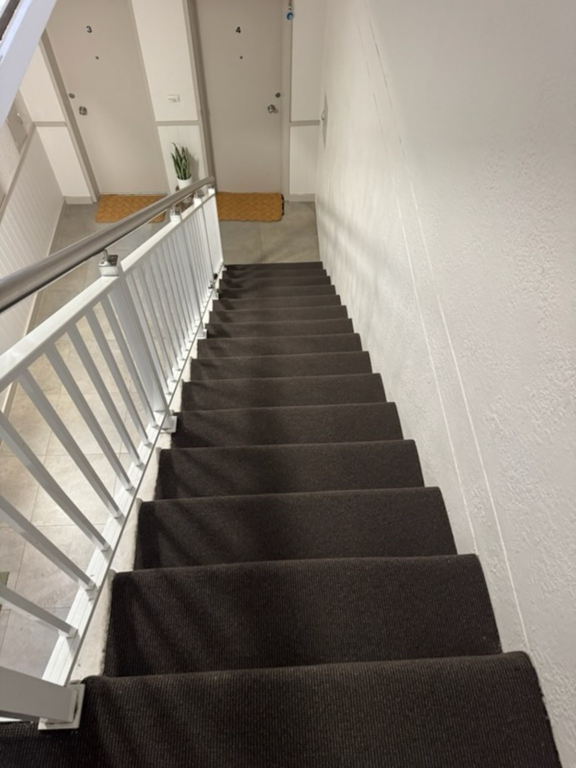 Charcoal carpet installed down a straight stair flight
